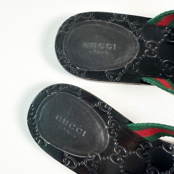 GUCCI Black Web Stripe GG Sandal 40.5 Flat Flip Flop Leather Guccissima Embossed - Picture 5 of 12